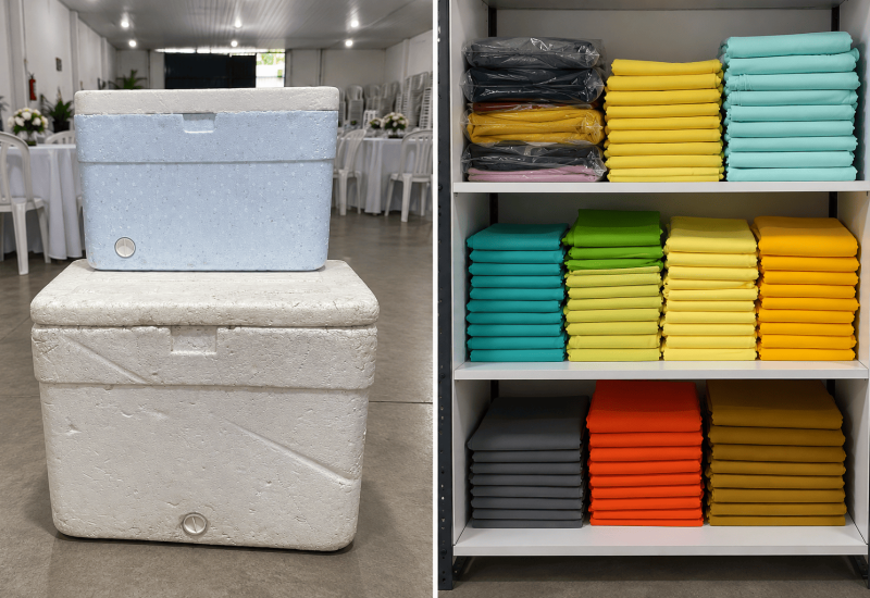 isopo de varios tamanhos e tolhas para mesas coloridas